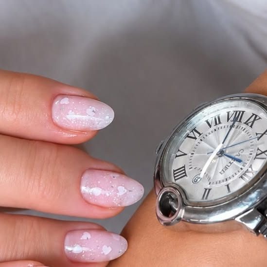 Pale pink speckled hard gel manicure by Yuliia